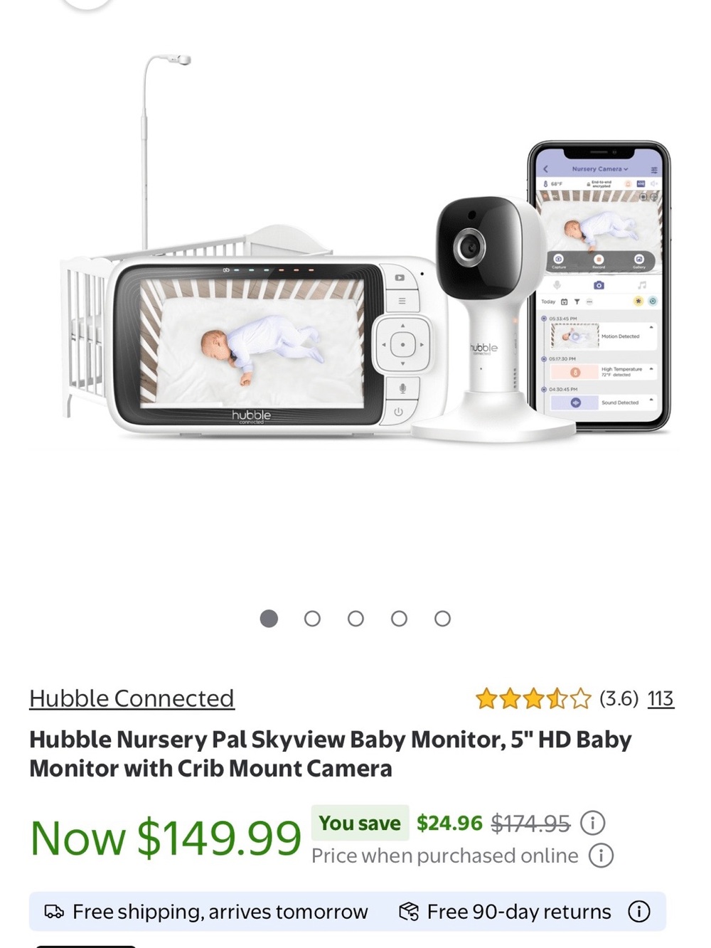 Hubble Nursery Pal Skyview Baby Monitor with Crib Mount Camera – White